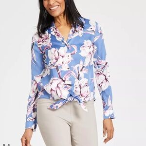 I.N.C International Concepts Women's Satin Floral-Print Tie-Front Blouse Size S